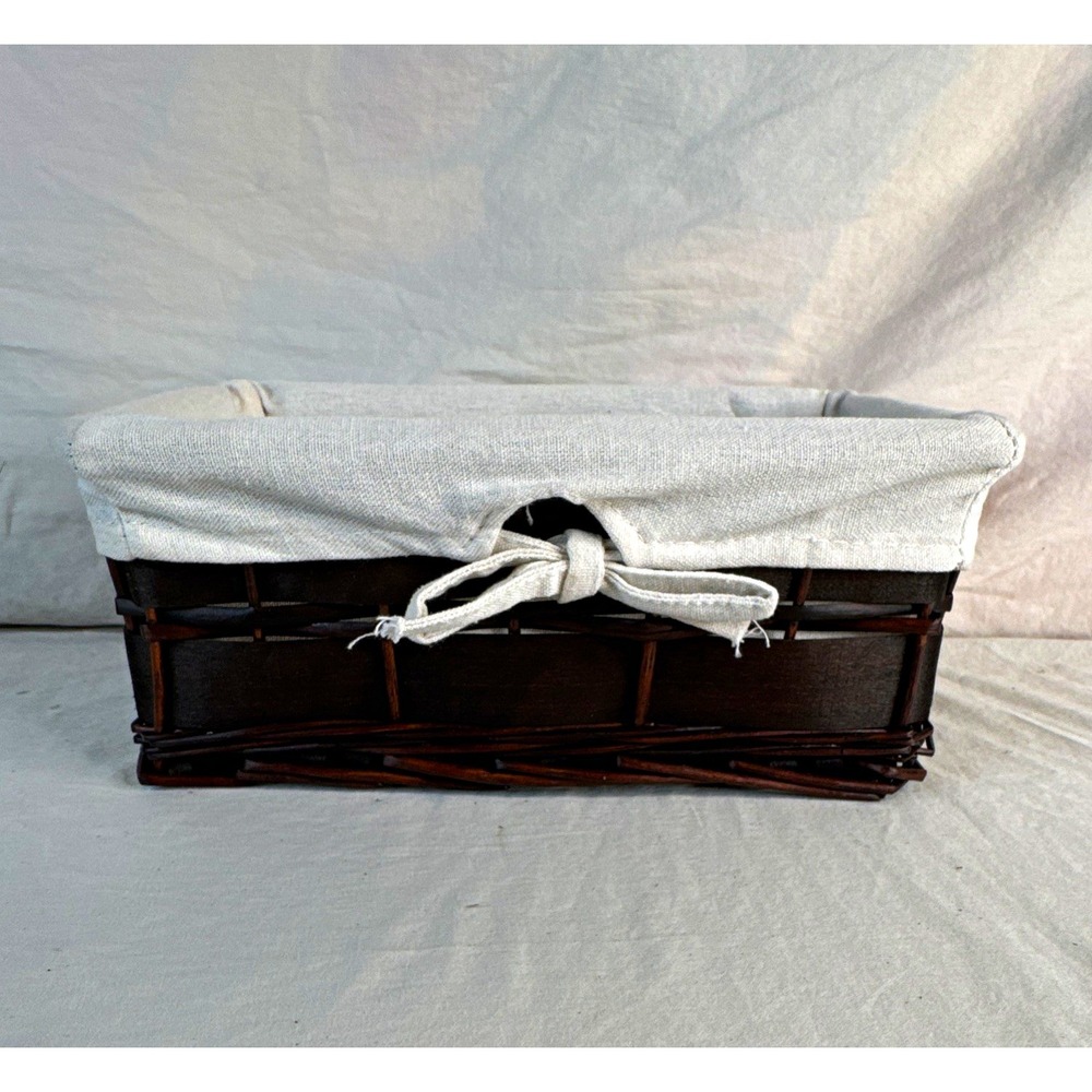 Rectangular Wicker Storage Basket, Brown w/ White Fabric Liner